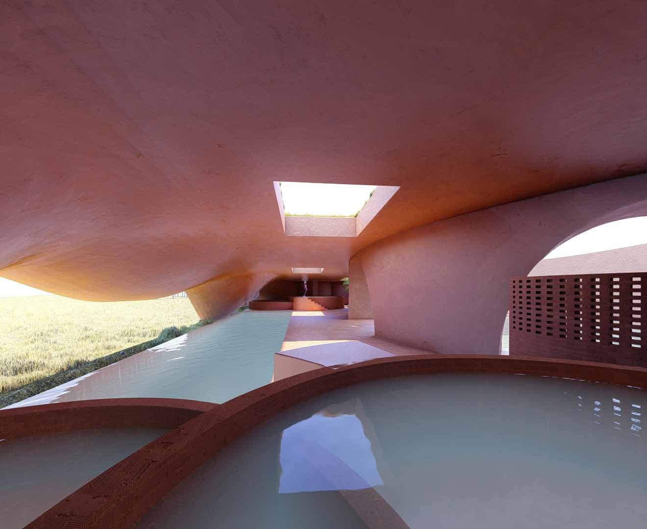The spa pool corridor at first light, rendering