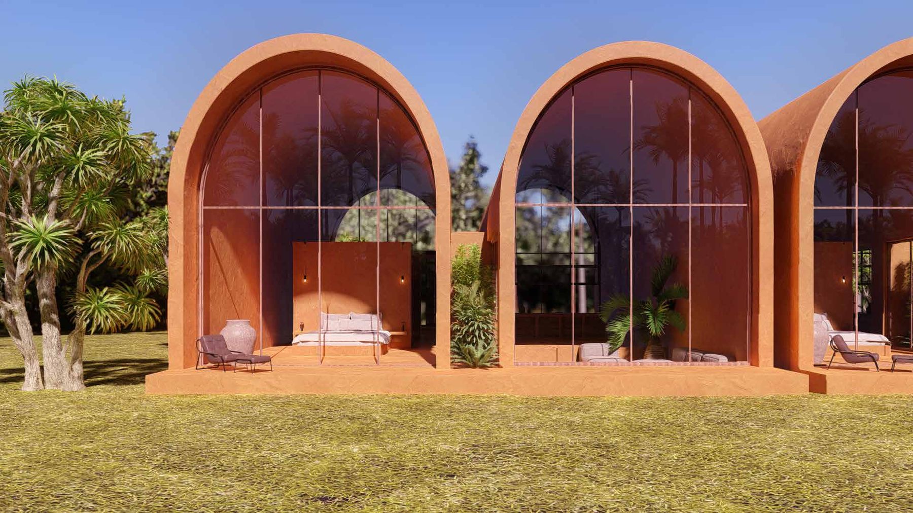 The big villas, arches in rammed earth, rendering