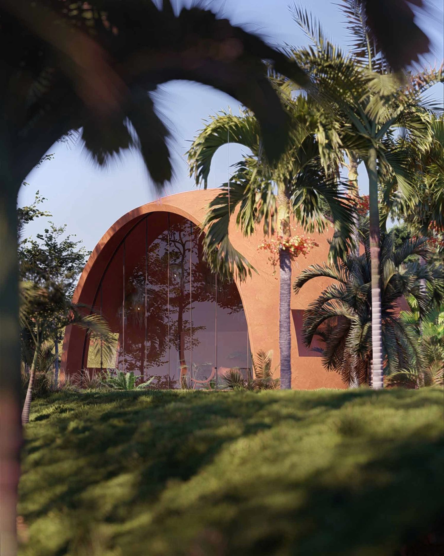 A domed bohío in rammed earth, rendering